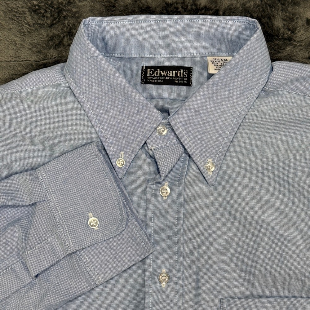 Edwards Button Down Shirt Men 17.5‎ x 34 Light Blue Oxford Long Sleeve 1070-01